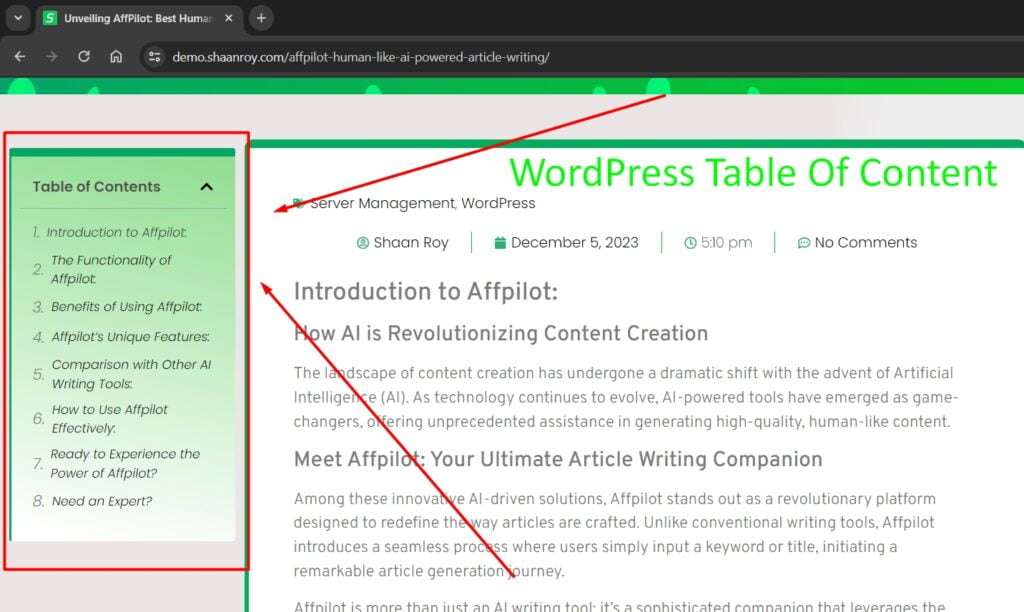 wordpress table of content article