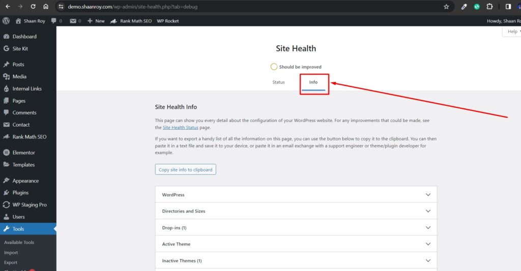 navigate to wordpress Site Health check 2